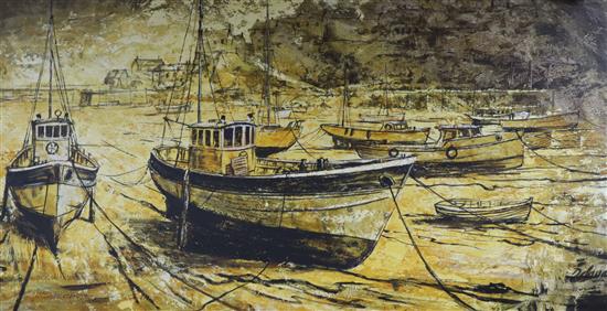 Delaval, oil on board, Fishing boats at low tide, signed, 60 x 111cm